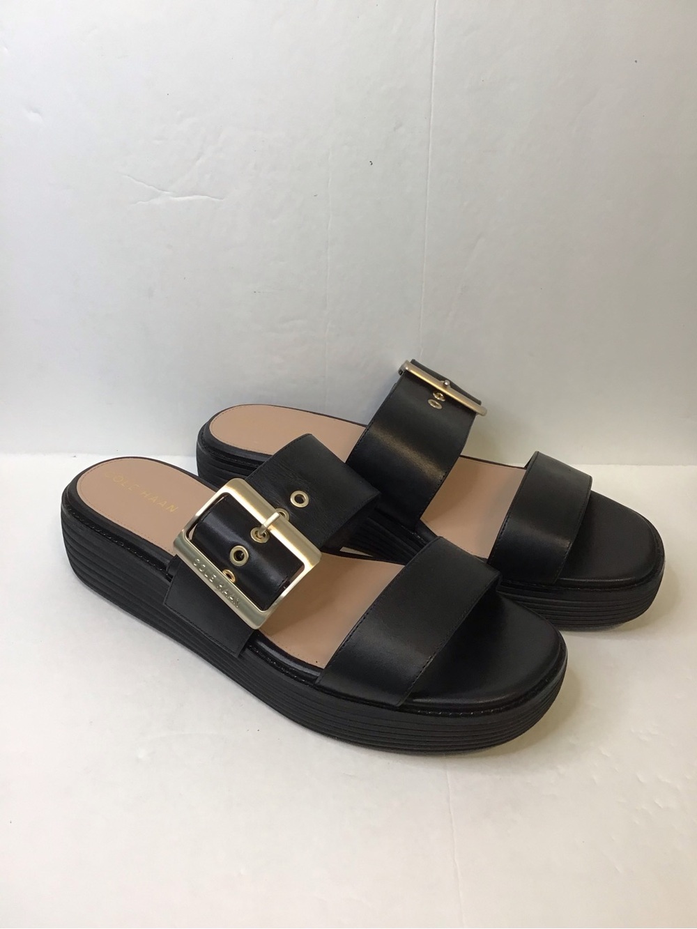 COLE HAAN Women's Black Leather Double-Strap Wedge Slides with Gold Buckle 9 - Picture 4 of 8